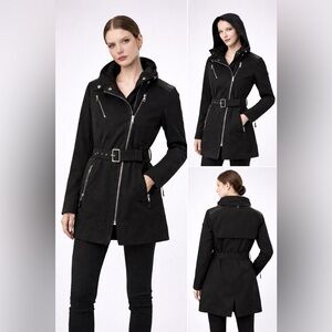 RUDSAK Moira Black Belted Jacket Hidden Hood Leather Trim Size XS
